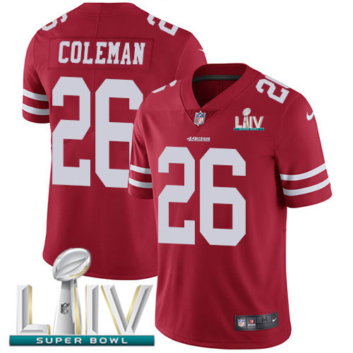 San Francisco 49ers Nike #26 Tevin Coleman Red Super Bowl LIV 2020 Team Color Youth Stitched NFL Vapor Untouchable Limited Jersey->youth nfl jersey->Youth Jersey
